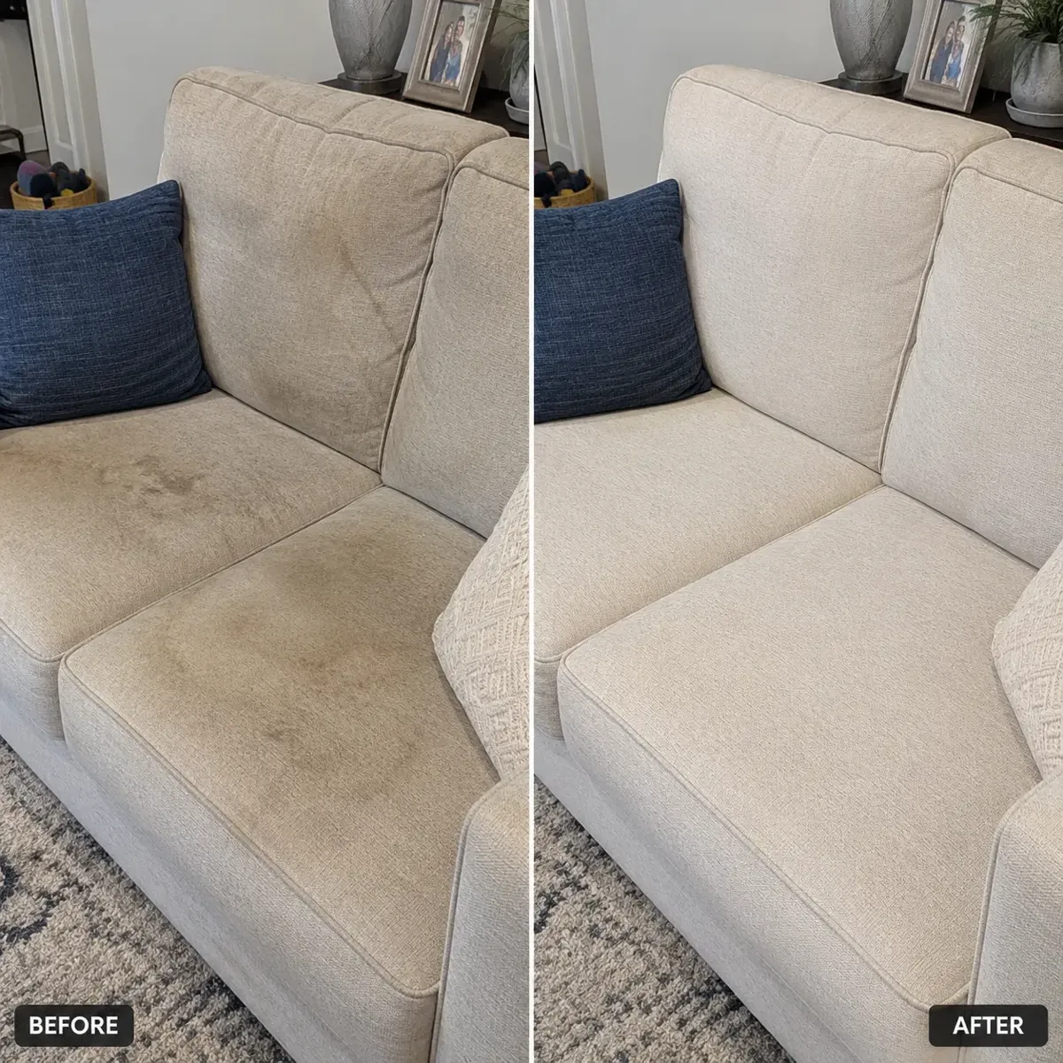 Before and after deep couch steam cleaning on a beige lounge