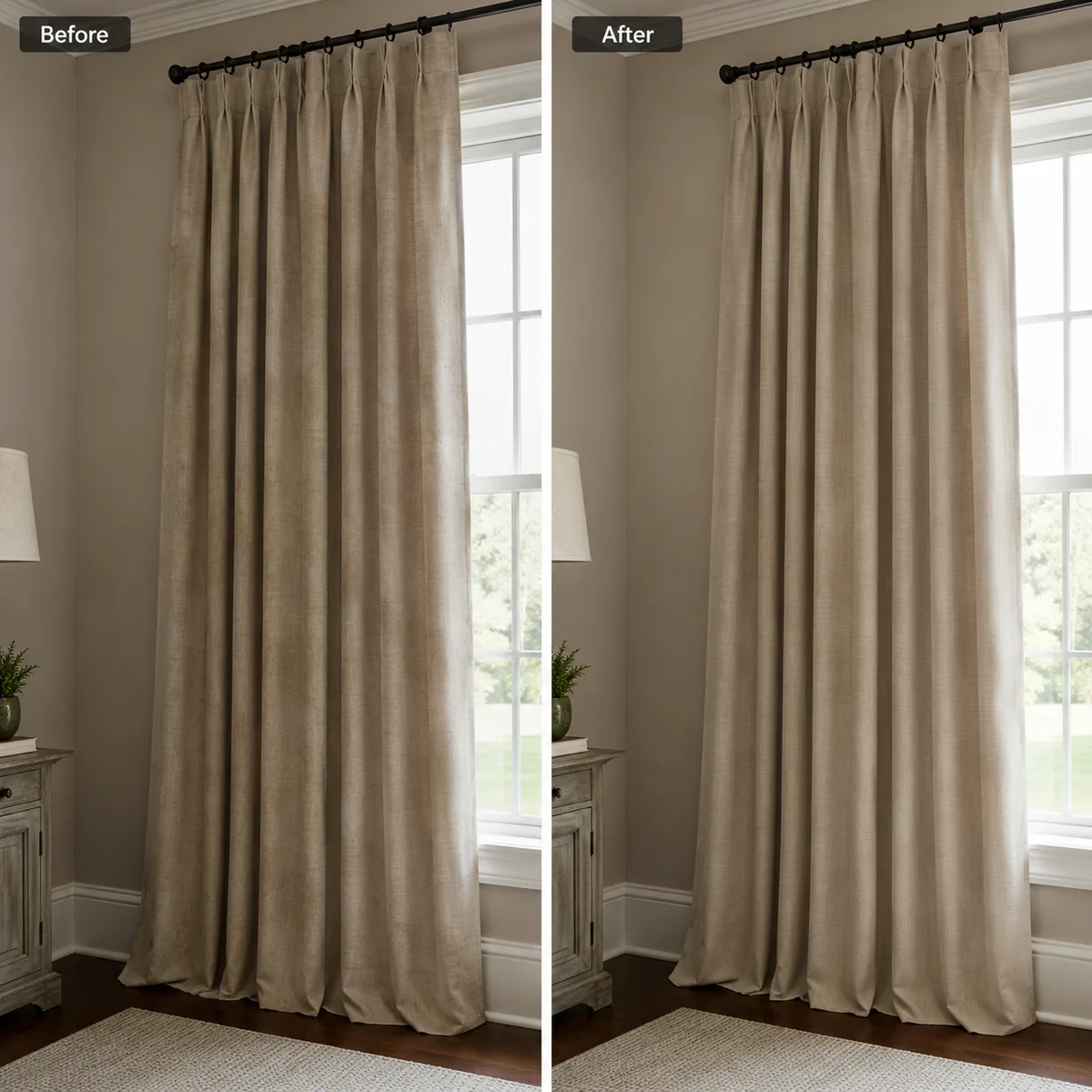Before and after floor length tan curtain cleaning result