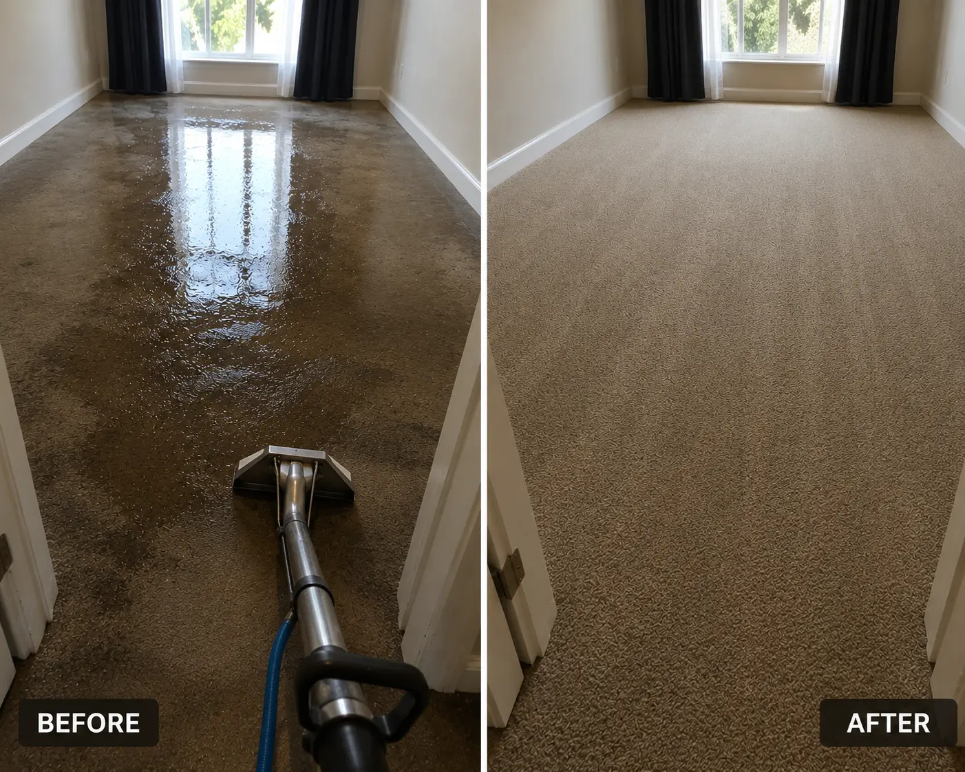 Before and after hot water extraction carpet cleaning with a wand
