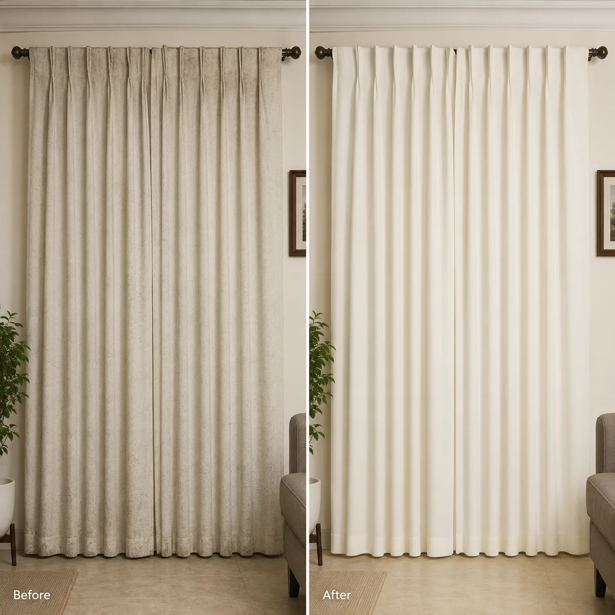 Before and after cream curtain cleaning result