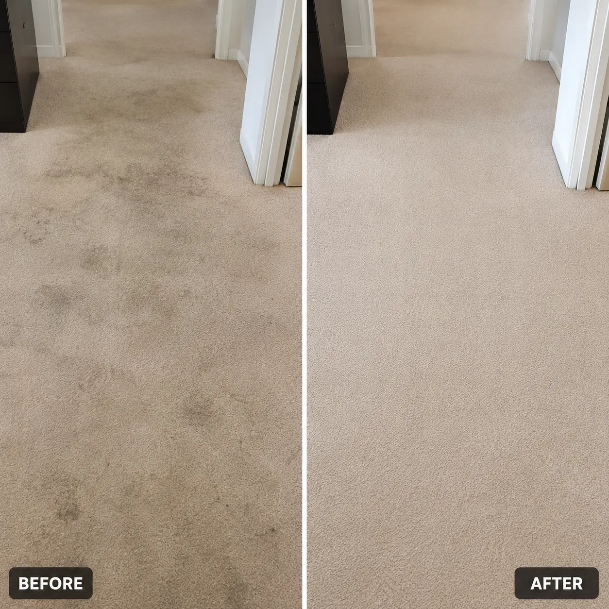 Before and after hallway carpet stain removal