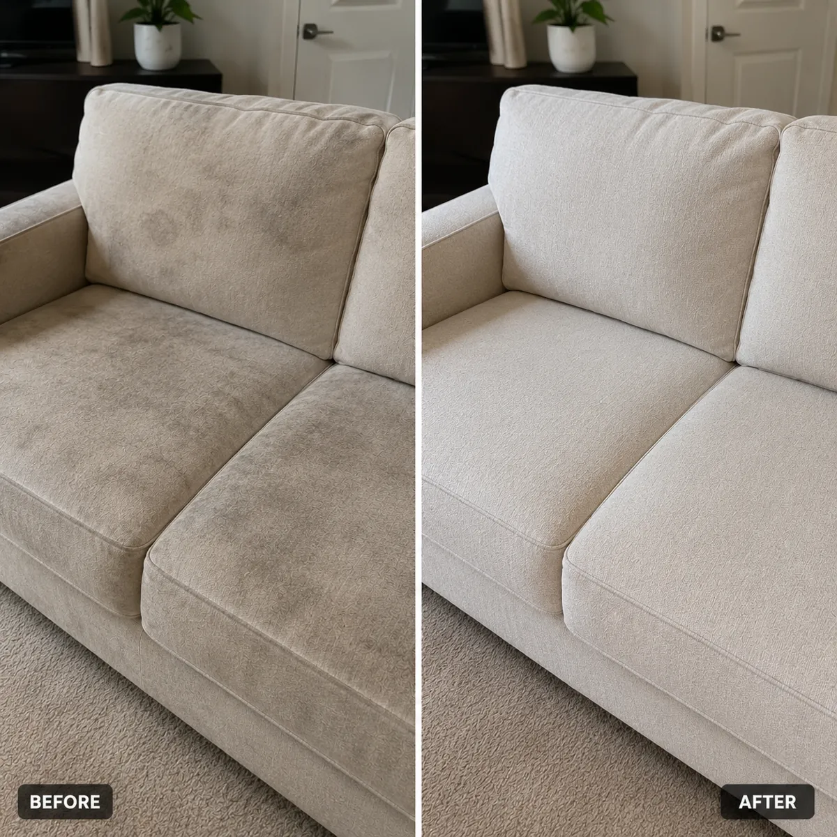 Before and after fabric sofa stain removal in a Brisbane lounge