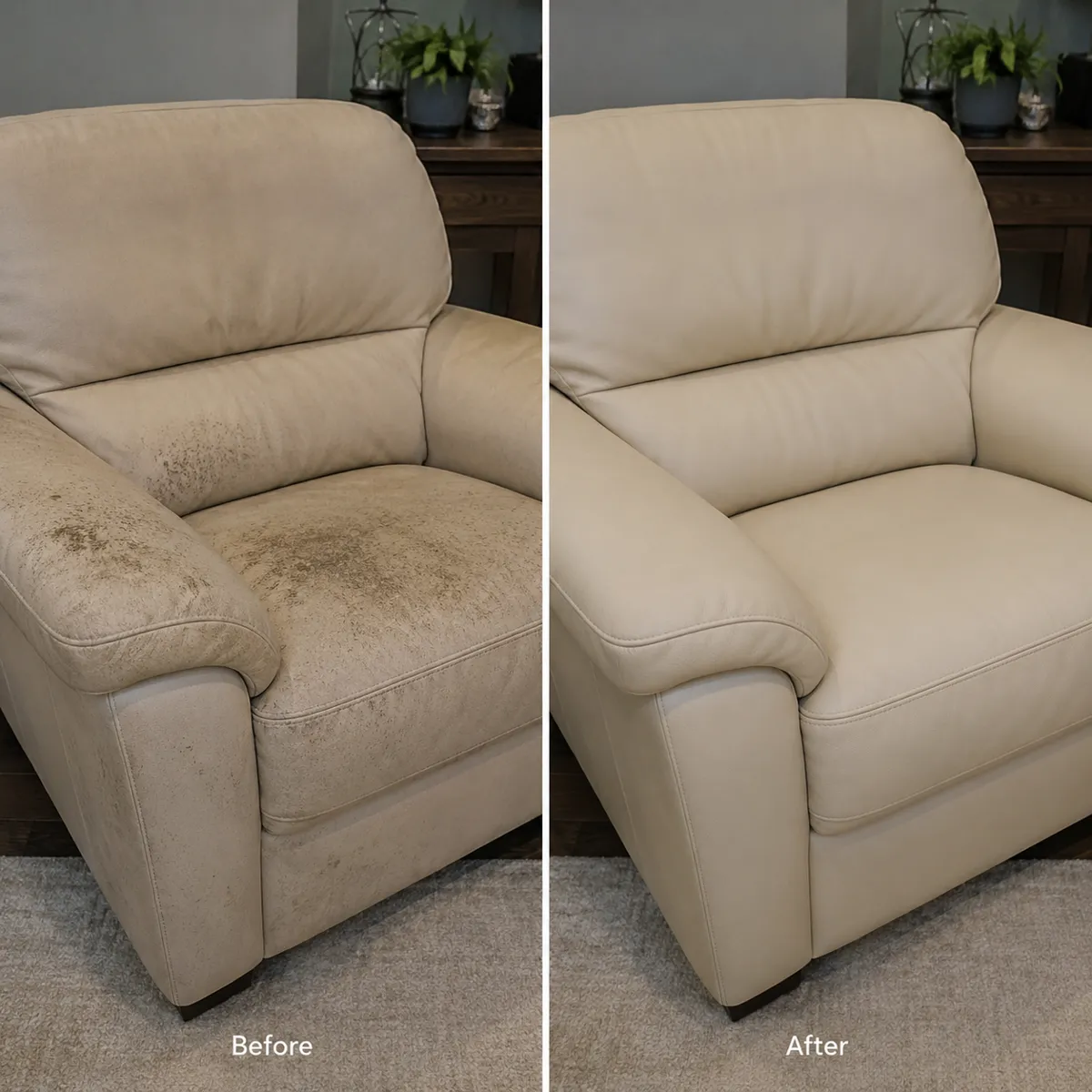 Before and after heavily soiled two seater couch cleaning