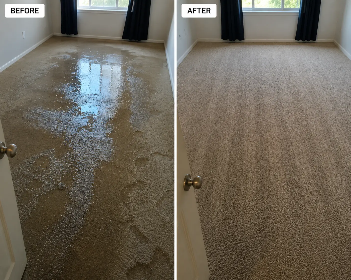 Before and after water damage carpet extraction in a bedroom